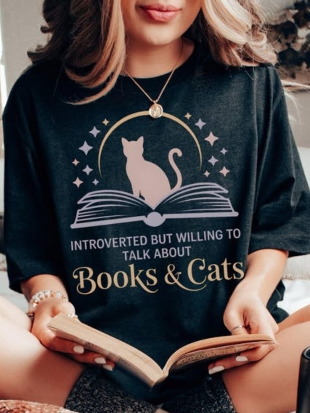 Introvert Book Lover Cat Graphic Tee, Celestial Cozy Reading Shirt
